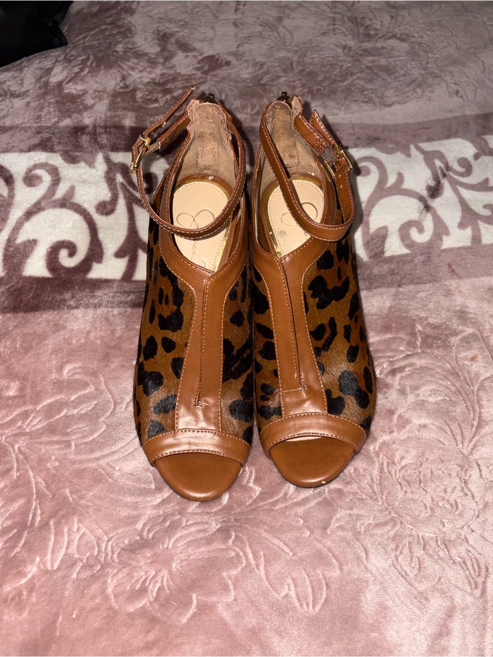 Jessica Simpson Tan and Black Leopard Peep-Toe Ankle-Strap Heels